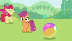 Size: 1920x1080 | Tagged: safe, derpibooru import, apple bloom, scootaloo, sweetie belle, earth pony, pegasus, pony, lesson zero, season 2, apple bloom's bow, ball, bow, cute, cutealoo, cutie mark crusaders, derp, duo, female, filly, foal, grass, grass field, hair bow, image, looking at you, park, png, tongue out, tree