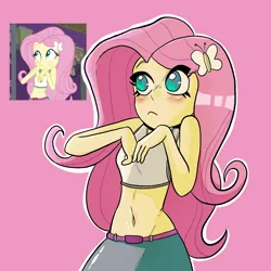 Size: 2048x2048 | Tagged: safe, artist:wasabirivers, derpibooru import, fluttershy, human, equestria girls, legend of everfree, :<, belly button, blushing, camp everfree outfits, female, high res, image, midriff, pink background, png, redraw, screencap reference, simple background, solo