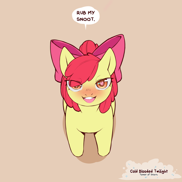 Size: 1200x1200 | Tagged: suggestive, artist:cold-blooded-twilight, derpibooru import, apple bloom, earth pony, pony, bedroom eyes, blushing, brown background, dialogue, eye clipping through hair, female, filly, foal, from above, heart, heart eyes, high angle, image, looking at you, looking up, looking up at you, open mouth, open smile, png, ribbon, simple background, smiling, speech bubble, talking to viewer, wingding eyes