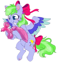 Size: 4453x4868 | Tagged: safe, artist:cutepencilcase, derpibooru import, oc, unofficial characters only, pegasus, pony, balloon, balloon animal, bow, commission, ear piercing, earring, hair bow, image, jewelry, pegasus oc, piercing, png, simple background, solo, tail, tail bow, transparent background, wings