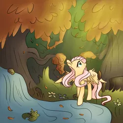 Size: 2000x2000 | Tagged: safe, artist:lostsheep, derpibooru import, fluttershy, pegasus, pony, cute, female, flower, forest, grass, image, leaves, lilypad, looking up, mare, png, pond, rock, solo, spread wings, sun, tree, water, wings