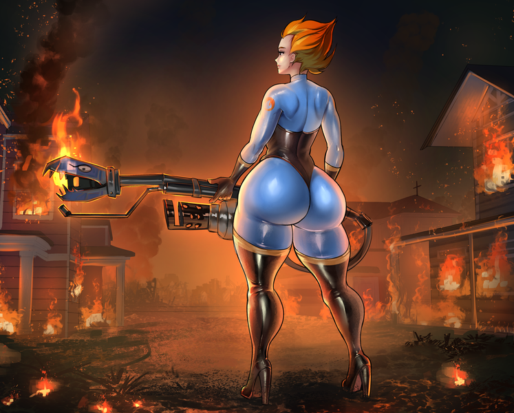 Size: 2688x2160 | Tagged: questionable, alternate version, artist:transfaled, derpibooru import, spitfire, human, ass, bodysuit, butt, catsuit, clothes, derpibooru exclusive, fire, firebutt, flamethrower, gun, humanized, image, large butt, leather, png, pyro, rubber, team fortress 2, the ass was fat, weapon