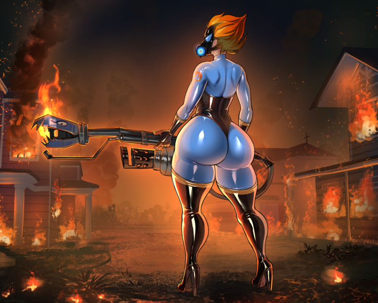 Size: 2688x2160 | Tagged: questionable, alternate version, artist:transfaled, derpibooru import, spitfire, human, ass, bodysuit, butt, catsuit, clothes, derpibooru exclusive, fire, firebutt, flamethrower, gas mask, gun, humanized, image, large butt, latex, latex suit, mask, png, pyro, rubber, shiny, team fortress 2, the ass was fat, weapon