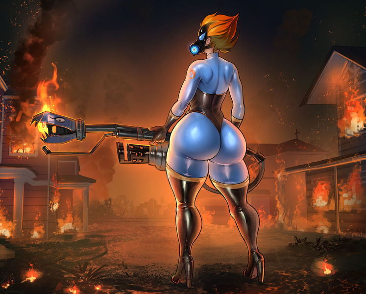 Size: 2688x2160 | Tagged: questionable, alternate version, artist:transfaled, derpibooru import, spitfire, human, ass, bodysuit, butt, catsuit, clothes, derpibooru exclusive, fire, firebutt, flamethrower, gas mask, gun, humanized, image, large butt, leather, mask, png, pyro, rubber, team fortress 2, the ass was fat, weapon
