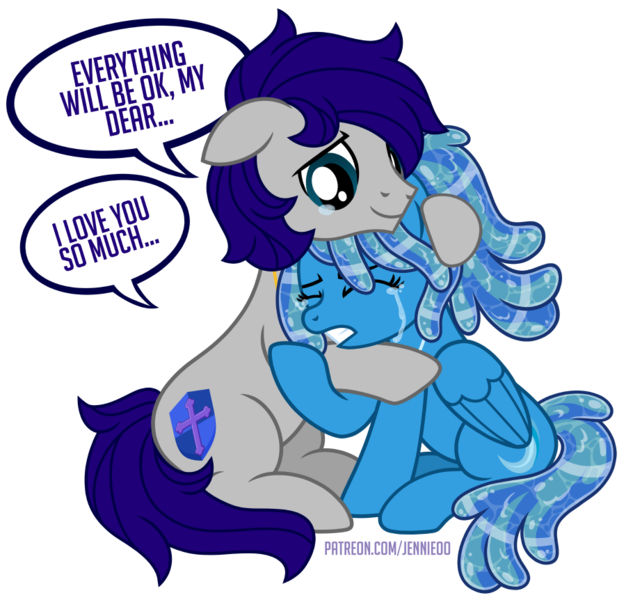 Size: 900x862 | Tagged: safe, alternate version, artist:jennieoo, derpibooru import, part of a set, oc, oc:maverick, oc:ocean soul, earth pony, pegasus, pony, comforting, crying, hug, image, png, sad, simple background, soulverick, tears of pain, teary eyes, transparent background, vector, water mane