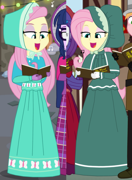 Size: 2394x3264 | Tagged: safe, artist:robukun, derpibooru import, big macintosh, flutterholly, fluttershy, merry, rarity, sci-twi, twilight sparkle, human, equestria girls, caroling, clothes, comparison, cropped, dress, image, long dress, long skirt, png, skirt, solo focus, victorian, victorian dress