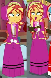 Size: 2144x3264 | Tagged: safe, artist:robukun, derpibooru import, sonata dusk, sunset shimmer, human, equestria girls, caroling, clothes, cropped, dress, image, jpeg, long dress, long skirt, offscreen character, skirt, solo focus, victorian, victorian dress