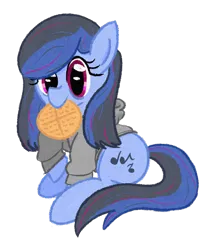 Size: 2224x2628 | Tagged: safe, artist:purppone, ponerpics import, oc, oc:late nite jams, earth pony, pony, clothes, female, food, hoodie, image, mare, png, simple background, sitting, solo, transparent background, waffle