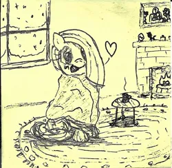 Size: 912x891 | Tagged: safe, artist:purppone, ponerpics import, marble pie, pony, blanket, blushing, fireplace, image, jpeg, looking at you, solo, sticky note