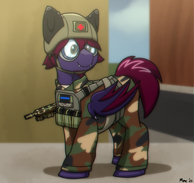 Size: 1989x1875 | Tagged: safe, artist:memeancholy, derpibooru import, oc, oc:sunup howdy, bat pony, camouflage, gun, helmet, image, plate carrier, png, rifle, simple background, weapon