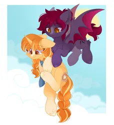 Size: 2167x2372 | Tagged: safe, artist:cinnamontee, derpibooru import, oc, oc:morning latte, oc:sunup howdy, flying, happy, image, png, simple background, sky