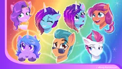 Size: 1920x1080 | Tagged: safe, artist:willoillo, derpibooru import, hitch trailblazer, izzy moonbow, pipp petals, sunny starscout, zipp storm, butterfly, earth pony, insect, pegasus, pony, unicorn, g5, my little pony: make your mark, my little pony: tell your tale, :3, :o, abstract background, applejack (g5), blushing, braid, braided ponytail, butterfly on nose, coat markings, colored eyelashes, colored hooves, colored pupils, cute, diadem, emotes, eyebrows, eyebrows visible through hair, eyes closed, female, fluttershy (g5), freckles, gold hooves, gradient mane, grin, happy, hoof on chin, hooves, image, insect on nose, izzybetes, jewelry, looking at you, male, mane five, mane six (g5), mane stripe sunny, mare, misty brightdawn, mistybetes, multicolored hair, multicolored mane, open mouth, open smile, pinkie pie (g5), png, ponytail, rainbow, rainbow background, rainbow dash (g5), raised eyebrow, raised eyebrows, rarity (g5), regalia, smiling, smiling at you, sparkles, stallion, sunnybetes, sweat, text, twilight sparkle (g5), unshorn fetlocks