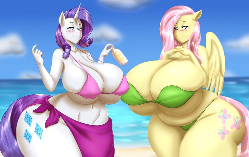 Size: 3000x1890 | Tagged: questionable, artist:blues64, artist:marauder6272, derpibooru import, fluttershy, rarity, anthro, pegasus, unicorn, beckoning, big breasts, bikini, blushing, breasts, busty fluttershy, busty rarity, chubby, clothes, duo, duo female, fat, fattershy, female, females only, huge breasts, image, impossibly large breasts, looking at you, png, sarong, suntan lotion, swimsuit, thighs, thunder thighs, wide hips