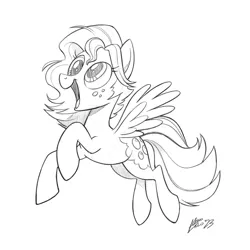Size: 811x811 | Tagged: safe, artist:mellodillo, derpibooru import, oc, oc:winter bloom, pegasus, pony, commission, female, freckles, grayscale, image, mare, monochrome, not derpy, open mouth, open smile, png, simple background, smiling, solo, spread wings, white background, wings