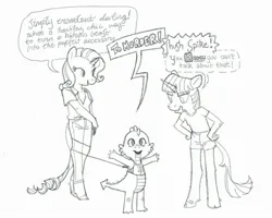 Size: 2326x1860 | Tagged: safe, artist:spectralunicorn, derpibooru import, rarity, spike, twilight sparkle, anthro, classical unicorn, dragon, unguligrade anthro, unicorn, clothes, cloven hooves, dialogue, female, grayscale, hand on hip, hashtag, horn, image, jpeg, leash, leonine tail, male, monochrome, simple background, speech bubble, trio, unicorn twilight, unshorn fetlocks, vest, white background