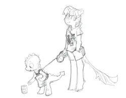 Size: 1924x1495 | Tagged: safe, artist:spectralunicorn, derpibooru import, spike, twilight sparkle, anthro, classical unicorn, dragon, pony, unicorn, clothes, cloven hooves, duo, duo male and female, female, grayscale, harness, horn, image, leash, leonine tail, male, mare, monochrome, png, shorts, simple background, sketch, smiling, tack, unicorn twilight, unshorn fetlocks, white background