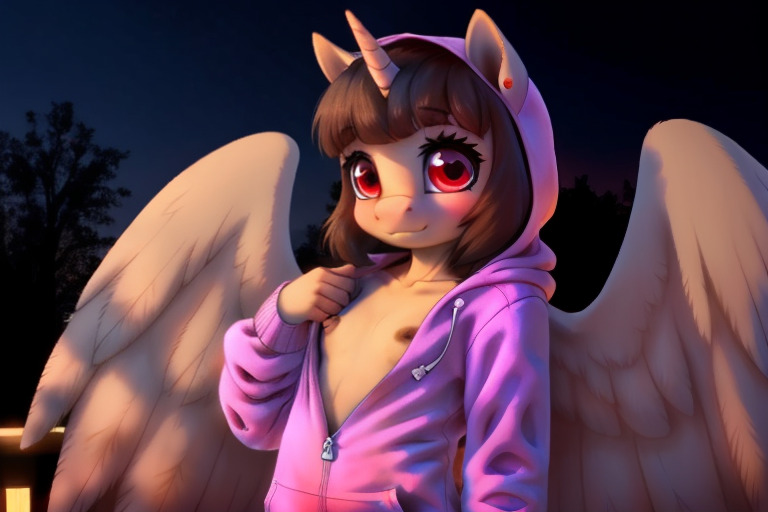 Size: 768x512 | Tagged: questionable, banned from derpibooru, ponerpics import, ponybooru import, oc, oc:spring beauty, alicorn, anthro, ai content, breasts, clothes, delicious flat chest, female, hoodie, image, lolicon, nipples, nudity, png, small breasts, solo, spread wings, underage, wings