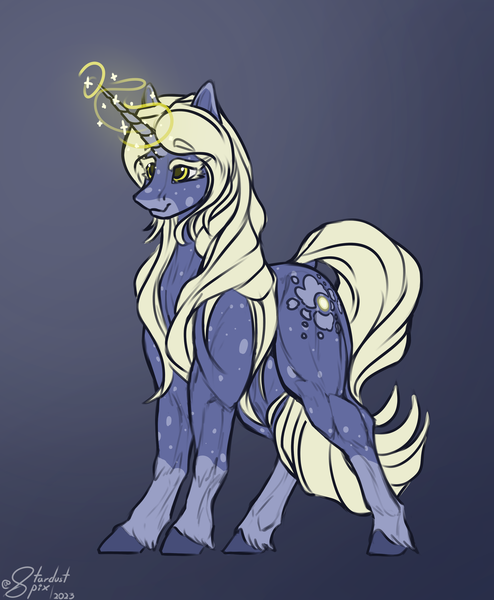 Size: 2800x3400 | Tagged: safe, artist:stardustspix, derpibooru import, oc, oc:cloud collapse, unofficial characters only, pony, unicorn, blue coat, coat markings, colored eyebrows, colored eyelashes, colored horn, colored pupils, facial markings, female, glow, glowing horn, gradient background, hooves, horn, image, magic, magic aura, mare, muscles, muscular female, png, socks (coat marking), solo, unicorn oc, unshorn fetlocks, yellow mane