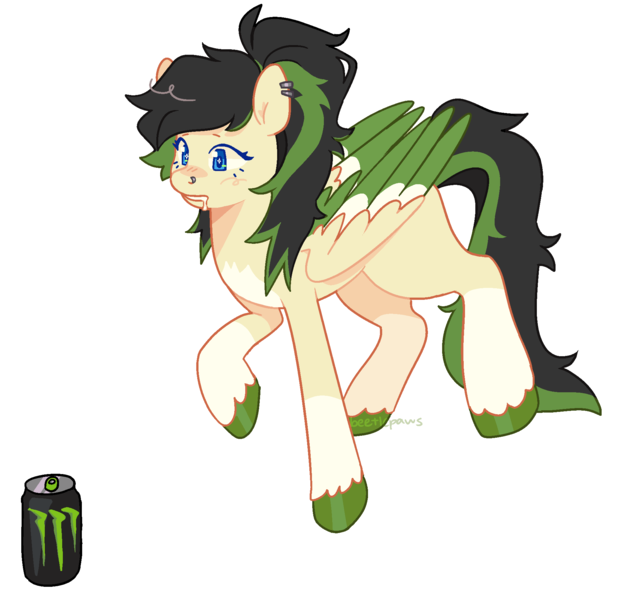 Size: 1924x1863 | Tagged: safe, artist:beetlepaws, derpibooru import, oc, oc:core, unofficial characters only, pegasus, pony, black hair, blue eyes, colored wings, commission, drink, ear piercing, energy drink, green hair, image, markings, monster energy, multicolored wings, nose piercing, piercing, png, raised hoof, simple background, solo, starry eyes, tail, transparent background, two toned hair, two toned mane, two toned tail, wingding eyes, wings