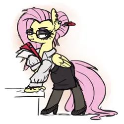 Size: 1000x1000 | Tagged: safe, artist:king-kakapo, derpibooru import, fluttershy, pegasus, pony, alternate hairstyle, bipedal, bipedal leaning, clothes, ear piercing, earring, eyeshadow, female, fluttergoth, frown, glasses, hair bun, high heels, image, jewelry, leaning, makeup, mare, pantyhose, piercing, png, secretary, shoes, simple background, skirt, solo, white background