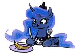 Size: 800x584 | Tagged: safe, artist:king-kakapo, derpibooru import, princess luna, alicorn, pony, banana, bib, butter knife, female, food, hoof hold, image, knife, licking, licking lips, mare, plate, png, simple background, solo, spatula, tongue out, white background