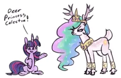 Size: 1240x800 | Tagged: safe, artist:king-kakapo, derpibooru import, princess celestia, twilight sparkle, deer, pony, unicorn, antlers, celestia is not amused, dear princess celestia, deerified, deerlestia, dialogue, duo, female, frown, image, looking at you, mare, narrowed eyes, png, pun, simple background, sitting, species swap, talking to viewer, unamused, unicorn twilight, visual pun, white background