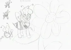 Size: 2508x1790 | Tagged: safe, artist:purppone, ponerpics import, cherry berry, bee, bee pony, insect, original species, pony, clothes, costume, flower, image, jpeg, monochrome, sketch, sketch dump