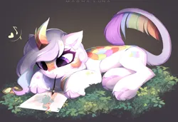 Size: 4379x3001 | Tagged: safe, artist:magnaluna, derpibooru import, oc, oc:cloudy canvas, unofficial characters only, kirin, cute, female, grass, image, kirin oc, lying down, mouth hold, multicolored tail, paintbrush, palette, png, prone, signature, solo, tail, underhoof
