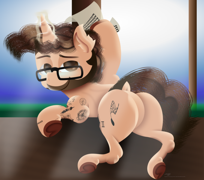 Size: 9334x8234 | Tagged: safe, artist:lincolnbrewsterfan, derpibooru import, oc, oc:rykert de niro, ponified, unofficial characters only, pony, unicorn, lullaby for a princess, .svg available, anniversary, anniversary art, beard, bench, birthday gift, brown eyes, brown mane, brown tail, butt, colored pupils, crepuscular rays, curly hair, curly mane, curly tail, dock, ear fluff, facial hair, featureless crotch, glasses, glow, glowing horn, gradient background, happy birthday, highlights, hoof heart, hoof hold, horn, image, inkscape, lineless, looking at you, lullaby for a princess (song), magic, magic aura, male, music notes, musician, outdoors, pale belly, pale skin, plot, png, raised hoof, realistic, realistic anatomy, realistic horse legs, realistic mane, shading, shaved mane, sheet music, sideburns, simple background, sky, smiling, smiling at you, solo, stallion, sun, sunlight, tail, tail aside, tattoo, telekinesis, translucent, tree stump, underhoof, unicorn oc, upside-down hoof heart, vector, wood
