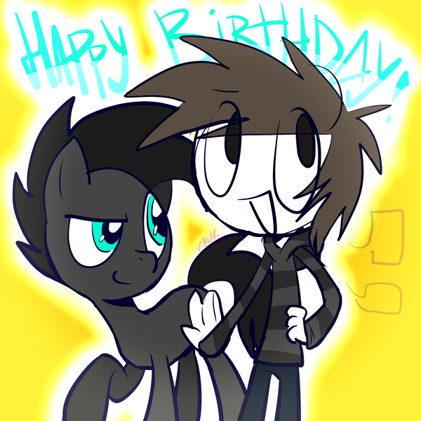 Size: 3000x3000 | Tagged: safe, artist:kruvvv, derpibooru import, oc, oc:ars d, ponified, unofficial characters only, earth pony, human, pony, birthday, black mane, chat bubble, duo, earth pony oc, eye clipping through hair, gift art, gray coat, image, leaning, leaning on pony, looking at someone, looking at something, male, open mouth, png, raised hoof, simple background, smiling, smirk, stallion, yellow background