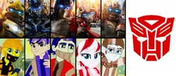 Size: 1625x699 | Tagged: safe, artist:robertsonskywa1, derpibooru import, robot, equestria girls, arcee, autobot, breasts, bumblebee (transformers), clothes, cybertronian, equestria girls-ified, face mask, female, gas mask, glasses, group, image, jpeg, male, mask, mirage, optimus prime, photo, quintet, symbol, transformers, transformers rise of the beasts, wheeljack