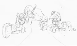 Size: 1644x984 | Tagged: safe, artist:purppone, ponerpics import, applejack, pinkie pie, princess celestia, twilight sparkle, pony, bed, hotel room, image, jpeg, monochrome, sketch