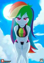 Size: 1413x2000 | Tagged: safe, artist:minusclass, derpibooru import, part of a set, rainbow dash, human, equestria girls, belly button, breast squeeze, breasts, busty rainbow dash, cloud, cute, dashabetes, female, image, jpeg, legs, lidded eyes, looking at you, midriff, outdoors, patreon, patreon logo, rainbow dash's beach shorts swimsuit, sky, thunderbolt