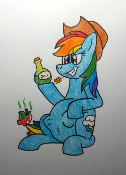 Size: 635x887 | Tagged: safe, artist:gameponygirl1, derpibooru import, pony, apple, applejack's hat, cowboy hat, eaten alive, female, food, hat, image, implied applejack, jpeg, mare, potion, simple background, sitting, solo, traditional art, vore, white background, wingless