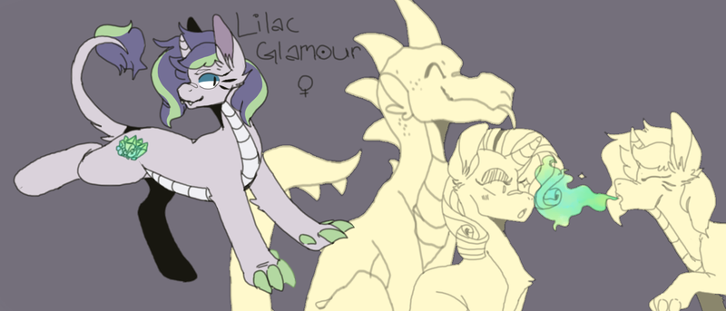 Size: 1500x644 | Tagged: safe, artist:kedi94, derpibooru import, rarity, spike, oc, oc:lilac glamour, dracony, hybrid, pony, unicorn, female, fire, fire breath, image, interspecies offspring, offspring, older, older spike, parent:rarity, parent:spike, parents:sparity, png, simple background