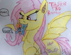 Size: 400x307 | Tagged: safe, artist:tenorjoane, derpibooru import, fluttershy, rainbow dash, bat pony, pony, bat ponified, duo, female, flutterbat, image, jpeg, mare, micro, race swap, simple background, traditional art, vore, white background