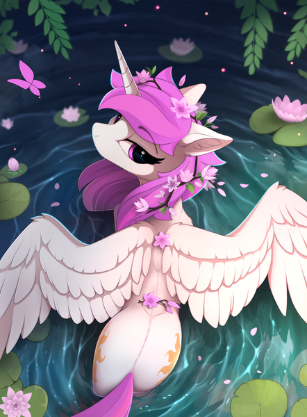 Size: 1670x2266 | Tagged: safe, artist:yakovlev-vad, edit, edited edit, editor:assturtle, ponerpics import, ponybooru import, princess celestia, alicorn, pony, alternate hairstyle, both cutie marks, butt, cute, cutelestia, ear fluff, ears, female, floppy ears, flower, flower in hair, from above, high angle, image, lidded eyes, lily (flower), lilypad, looking at you, looking back, looking back at you, looking up, looking up at you, mare, pink-mane celestia, plot, png, pretty, solo, spread wings, sunbutt, tree branch, water, waterlily, wings