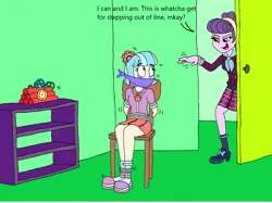 Size: 944x706 | Tagged: safe, artist:bugssonicx, derpibooru import, coco pommel, suri polomare, human, equestria girls, bomb, cloth gag, danger, gag, humanized, image, legs together, png, tied to chair, weapon