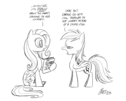 Size: 1500x1200 | Tagged: safe, artist:mellodillo, derpibooru import, fluttershy, rainbow dash, earth pony, pegasus, pony, black and white, book, dialogue, duo, female, grayscale, hoof hold, image, looking at each other, looking at someone, mare, monochrome, pencil drawing, png, rainbow dash is not amused, signature, simple background, sitting, sketch, talking, traditional art, unamused, white background