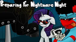 Size: 1920x1080 | Tagged: safe, artist:yamston, derpibooru import, rarity, oc, oc:lance greenfield, pony, unicorn, zebra, fanfic:living the dream, 2023, adam jensen, cover art, drawing, duo, fanfic art, female, glasses, heterochromia, image, male, mannequin, mare, narrowed eyes, png, red and black mane, red stripes, signature, stallion, tired, title card, tongue out, zebra oc