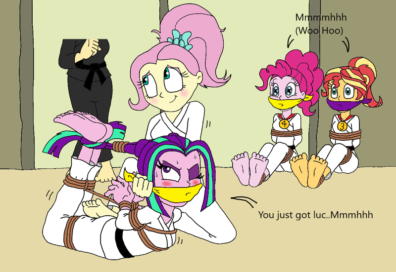 Size: 1190x820 | Tagged: safe, artist:bugssonicx, derpibooru import, edit, aria blaze, fluttershy, pinkie pie, posey shy, sunset shimmer, human, equestria girls, cloth gag, cropped, gag, humanized, image, karate, muffled words, png, taekwondo