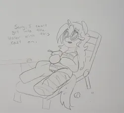 Size: 2048x1877 | Tagged: safe, artist:pony quarantine, derpibooru import, oc, oc:dyx, alicorn, pony, beach chair, broken leg, cast, chair, coconut cup, dialogue, female, filly, foal, grayscale, image, jpeg, monochrome, pencil drawing, sitting, solo, sunglasses, traditional art