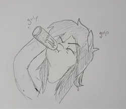 Size: 2048x1782 | Tagged: safe, artist:pony quarantine, derpibooru import, oc, oc:anon-mare, unofficial characters only, earth pony, pony, drink, drinking, energy drink, eyebrows, eyebrows visible through hair, eyes closed, female, grayscale, hoof hold, image, jpeg, magnetic hooves, mare, monochrome, monster energy, pencil drawing, solo, traditional art