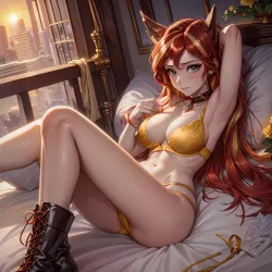 Size: 2048x2048 | Tagged: suggestive, derpibooru import, machine learning generated, sunset shimmer, human, ai content, arm behind head, armpits, bed, boots, bra, breasts, cat ears, choker, city, cityscape, clothes, female, generator:seaart.ai, image, laying on bed, lingerie, looking at you, lying down, on bed, panties, pillow, png, prompter:neondash, shoes, solo, solo female, underwear