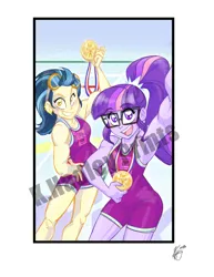 Size: 2550x3300 | Tagged: safe, artist:katrina hadley, derpibooru import, indigo zap, sci-twi, twilight sparkle, equestria girls, friendship games, clothes, crystal prep shadowbolts, glasses, goggles, gym, image, jpeg, medal, muscles, selfie, shadowbolts, smiling, watermark, weight lifting, weights, what if
