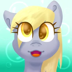 Size: 1300x1300 | Tagged: safe, artist:lindasaurie, derpibooru import, derpy hooves, pegasus, pony, :3, bubble, bust, derpibooru exclusive, eye clipping through hair, female, image, mare, one ear down, open mouth, png, portrait, smiling, solo