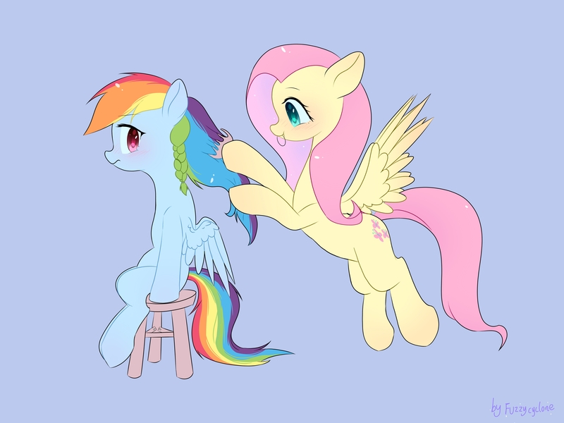 Size: 6000x4500 | Tagged: safe, artist:fuzzycyclone, derpibooru import, fluttershy, rainbow dash, pegasus, pony, absurd resolution, bench, blue background, blue eyes, braid, comb, duo, female, flutterdash, flying, hairpin, hoof hold, image, jpeg, lesbian, looking back, mare, multicolored hair, profile, rainbow dash is not amused, rainbow hair, red eyes, shipping, simple background, sitting, spread wings, stool, tongue out, unamused, varying degrees of amusement, wings
