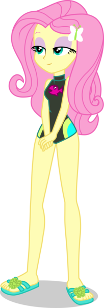 Size: 1360x4009 | Tagged: safe, alternate version, artist:dustinwatsongkx, derpibooru import, edit, fluttershy, human, equestria girls, equestria girls series, barefoot, clothes, feet, female, fluttershy's one-piece swimsuit, image, lidded eyes, one-piece swimsuit, png, sandals, simple background, solo, swimsuit, swimsuit edit, transparent background, vector