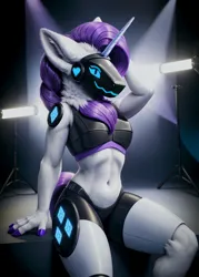 Size: 960x1344 | Tagged: safe, artist:darbarri, derpibooru import, machine learning assisted, rarity, anthro, cyborg, ai content, belly button, chest fluff, derpibooru exclusive, image, png, protogen, sitting, solo