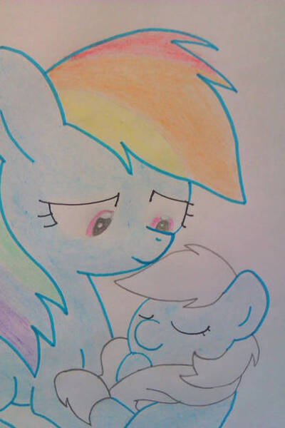 Size: 414x621 | Tagged: safe, artist:lawleyj77, derpibooru import, rainbow dash, oc, oc:cumulus, pony, fanfic:instant mom, adopted, adopted offspring, adoption, baby, baby pony, female, filly, foal, image, jpeg, mare, momma dash, mother and child, mother and daughter, parent:rainbow dash